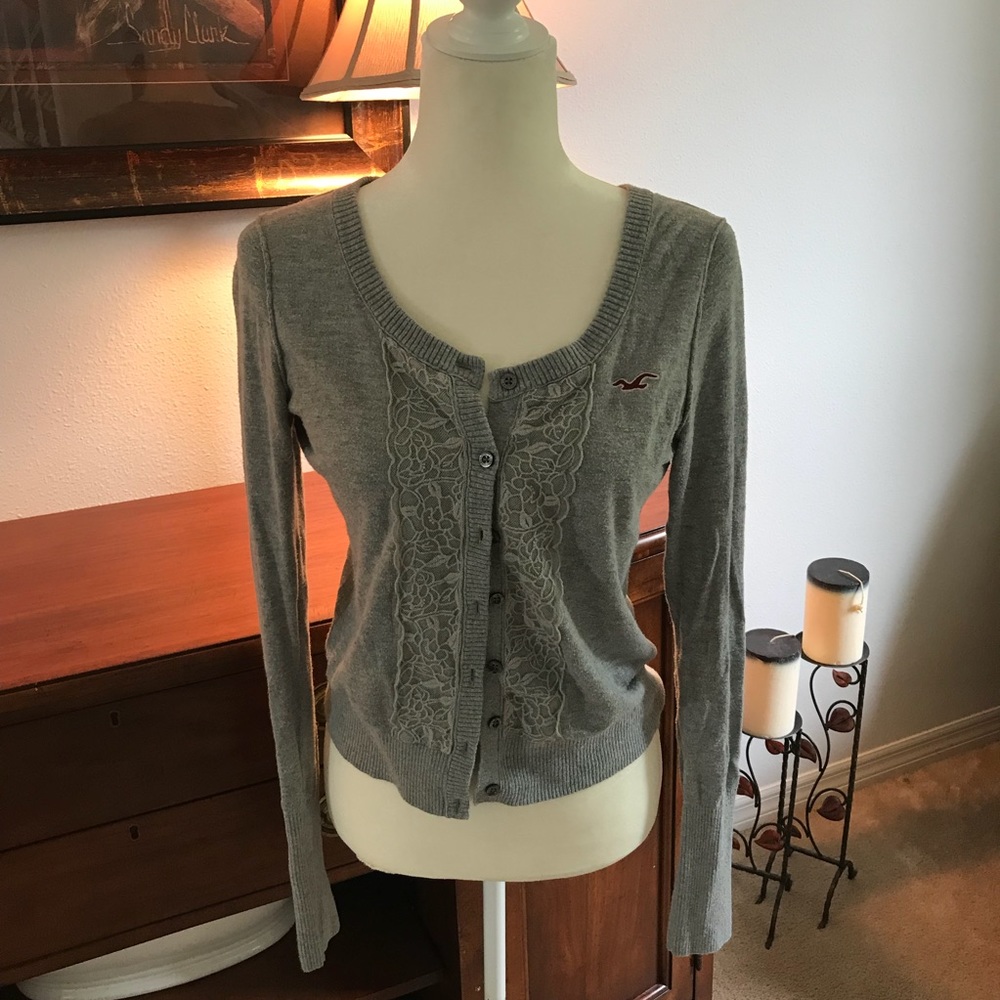 Hollister Gray Button Cardigan With Lace Trim